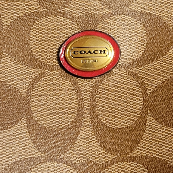 Coach Peyton Signature Convertible Shoulder Bag Tote Handbag F24601 Khaki & Red - Picture 8 of 16